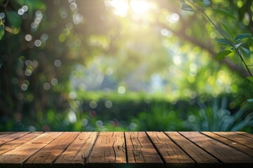 Wall Mural - wood table top with green garden background for product display.
