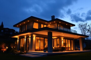 Aufkleber - A contemporary two-story house glows at night, featuring illuminated alarm lights on its windows and doors, enhancing security and beauty. Generative AI