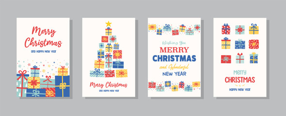 Canvas Print - Christmas poster set with decorations in cartoon style. Greeting card with hand drawn presents. Vector illustration