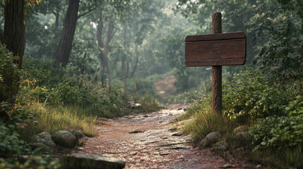 Poster - A sign is on a wooden post in a forest