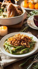 Wall Mural - Green bean casserole topped with crispy onions served on a plate during a festive dinner gathering