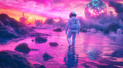 Wall Mural - An astronaut walking in the water of an alien planet
