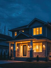Leinwandbilder - The contemporary house stands out at night, showcasing bright windows and a secure atmosphere with its active alarm system lights. Generative AI