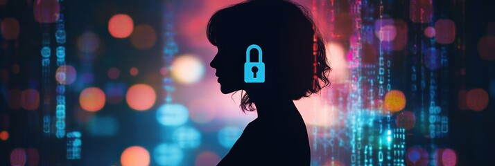 Fototapete - A person’s silhouette contrasts against a vibrant digital background, featuring a lock symbol that emphasizes privacy in technology. Generative AI