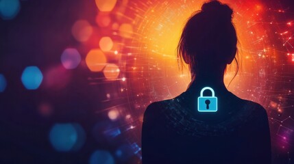 Aufkleber - A silhouette stands before a colorful digital landscape, highlighted by a lock symbol representing AI security and privacy. Generative AI