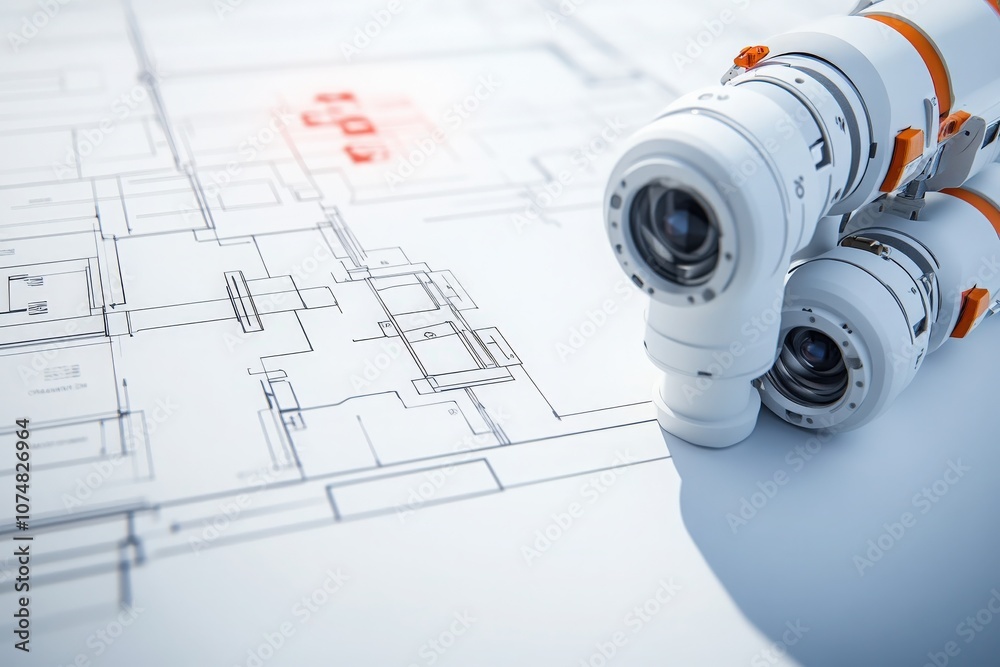 A handheld diagnostic tool rests on architectural plans, emphasizing its role in evaluating design accuracy and measurements in engineering. Its features assist professionals in precise assessments.