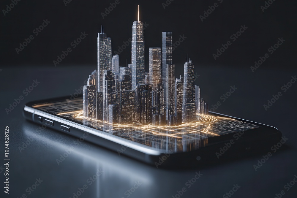 The smartphone showcases a vivid, three-dimensional city skyline illuminated by golden lights, resting on a glossy black background, creating a striking contrast and a captivating visual effect.