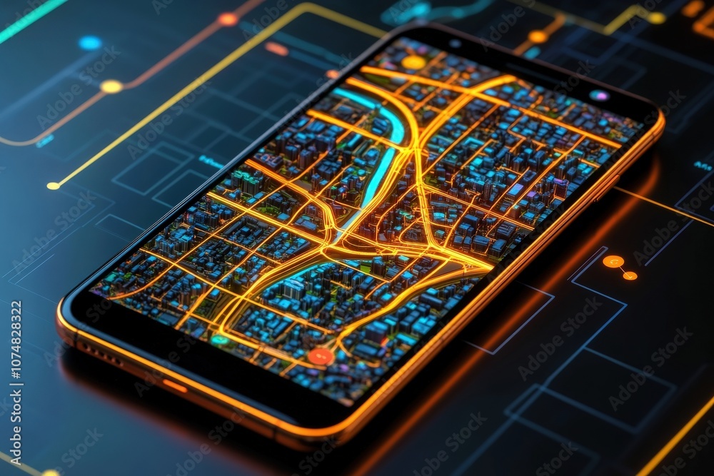 A smartphone rests on a sleek black surface, showcasing a glowing city map with intricate streets and pathways. The vibrant colors of the map emphasize connectivity and navigation.