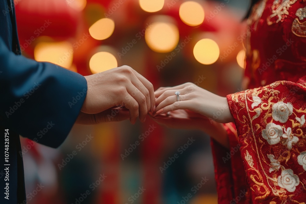 A couple, dressed in beautiful traditional attire, exchanges rings in a heartfelt ceremony surrounded by festive decorations. The setting is adorned with vibrant colors and warm lights.