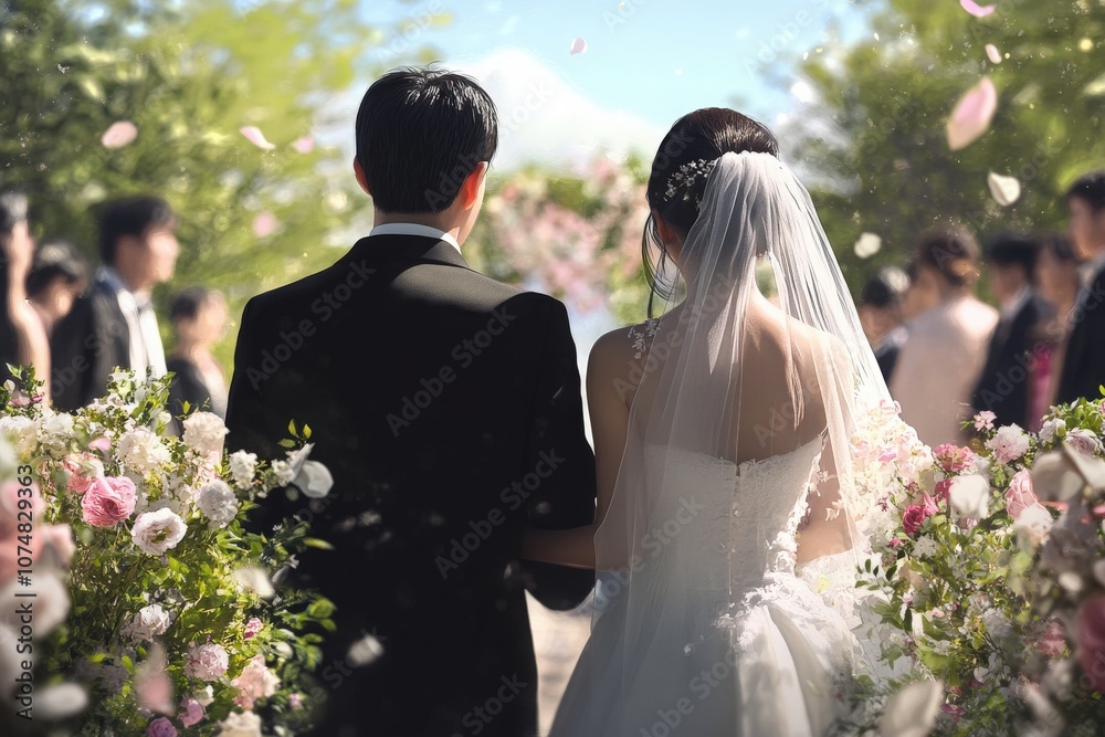 An Asian couple elegantly walks down a floral aisle during their wedding ceremony, with guests in attendance on a beautiful sunny day, celebrating their special moment together.