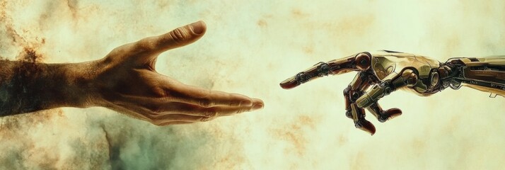 Poster - A human hand and a robotic hand extend towards each other, symbolizing the merging of human skills and advanced technology. Generative AI