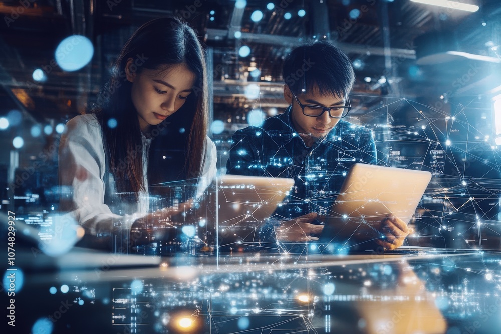 Two Asian individuals focus on their tablets while collaborating on manufacturing technology strategies. The modern environment suggests a tech-driven workspace filled with innovation.