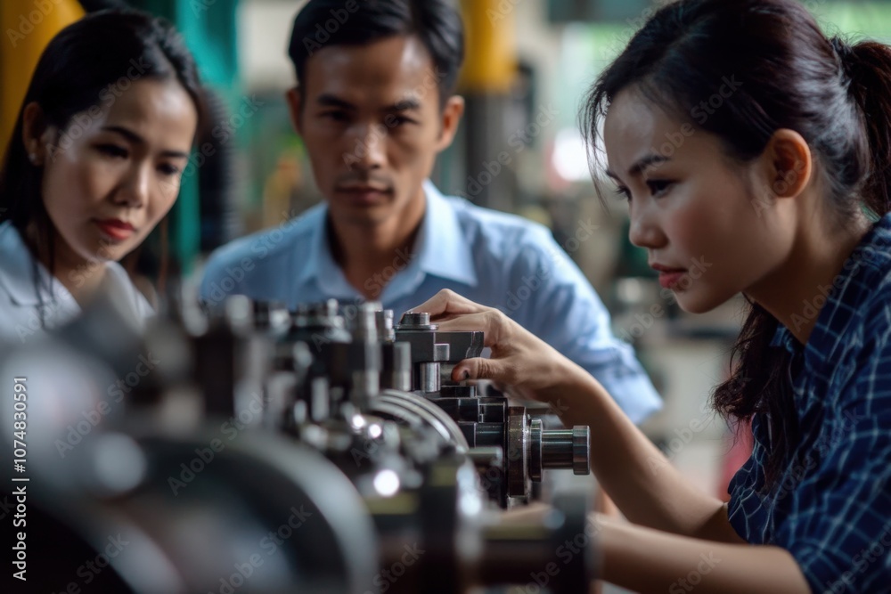A group of Asian engineers meticulously inspects machinery components to ensure quality standards in a manufacturing plant. Their focus highlights the importance of precision in engineering.