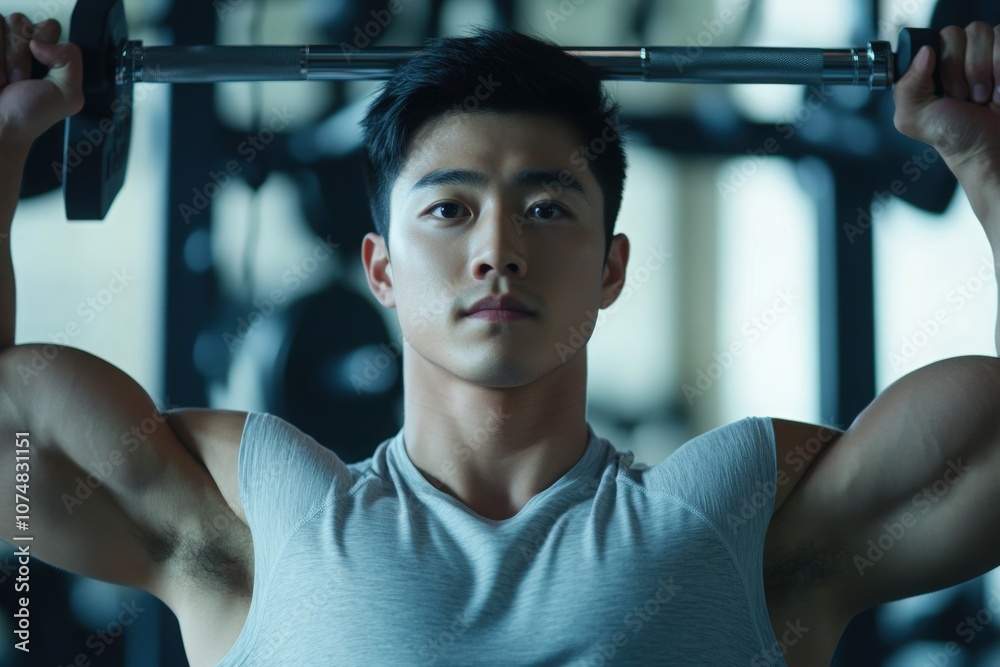 An Asian man is in the gym, lifting a barbell over his head with determination. He is focused and demonstrates impressive strength while engaged in his morning workout routine.