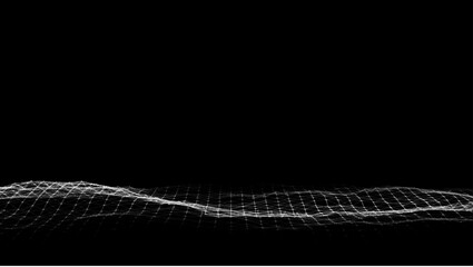 Poster - Abstract wave with light on black background. Science background with moving dots and lines. Network connection technology. Digital structure with particles. Vector illustration.