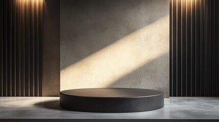 modern showcase space with a circular platform and dramatic lighting against textured walls.