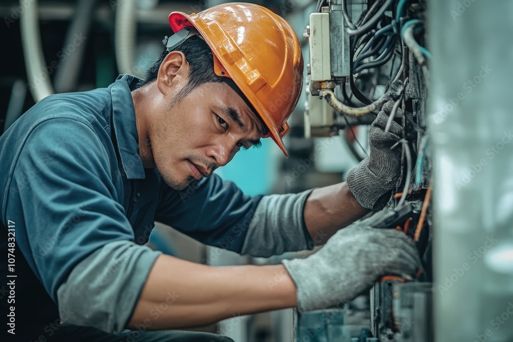A technician carefully inspects and repairs machinery using tools in an industrial environment, focusing on the intricate wiring and components to ensure operational efficiency.
