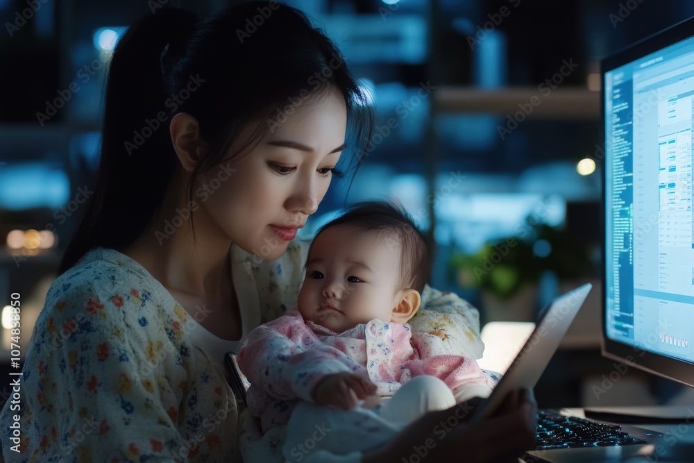 A woman is multitasking by offering IT support to clients on her tablet while gently holding her baby. The setting is a cozy home environment illuminated softly in the evening.