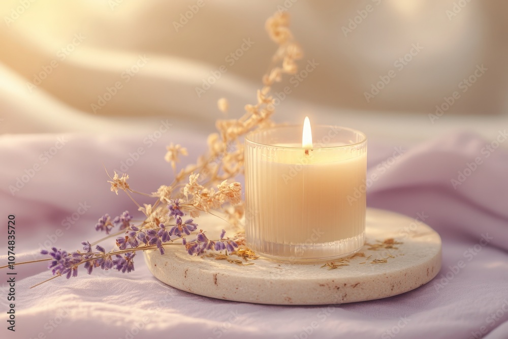A serene setting features a stylish candle jar next to an essential oil diffuser, surrounded by dried lavender and a soft cloth that enhances the calming atmosphere of this peaceful space.