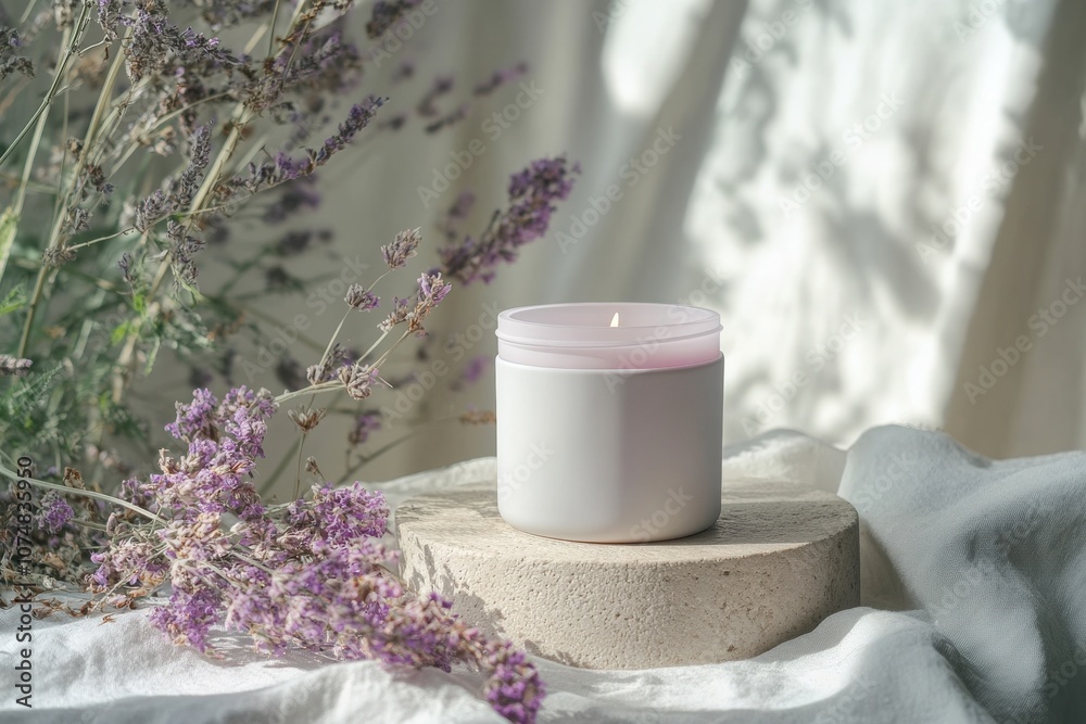 A stylish candle jar filled with essential oils sits atop a stone platform, surrounded by dried lavender. Sunlight gently illuminates this serene setup, creating a calming atmosphere.