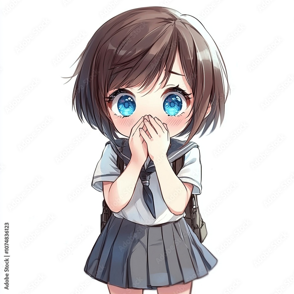 Cute anime girl with blue eyes and brown hair covering her mouth with ...