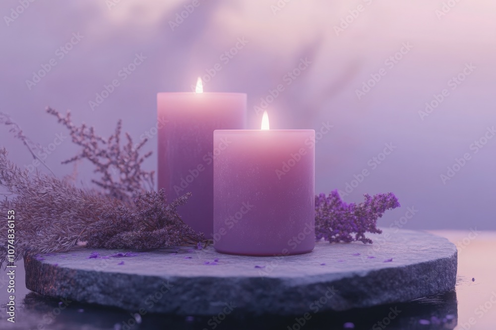 Two elegant scented candles glow softly atop a round stone base surrounded by delicate floral accents. The calming scene invites tranquility and enhances any relaxing atmosphere.