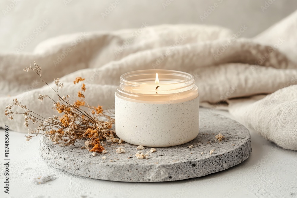 A scented candle is placed in a minimalist jar on a textured stone slab, surrounded by delicate dried flowers. Soft, natural fabrics lay in the background, creating an inviting atmosphere.