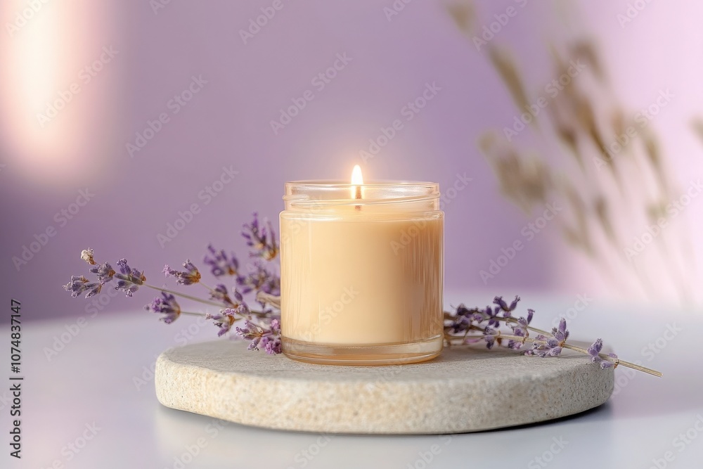 A beautifully crafted soy candle is glowing softly inside a clear jar, resting on a textured stone surface. Lavender sprigs accompany the candle, creating a serene and inviting atmosphere.