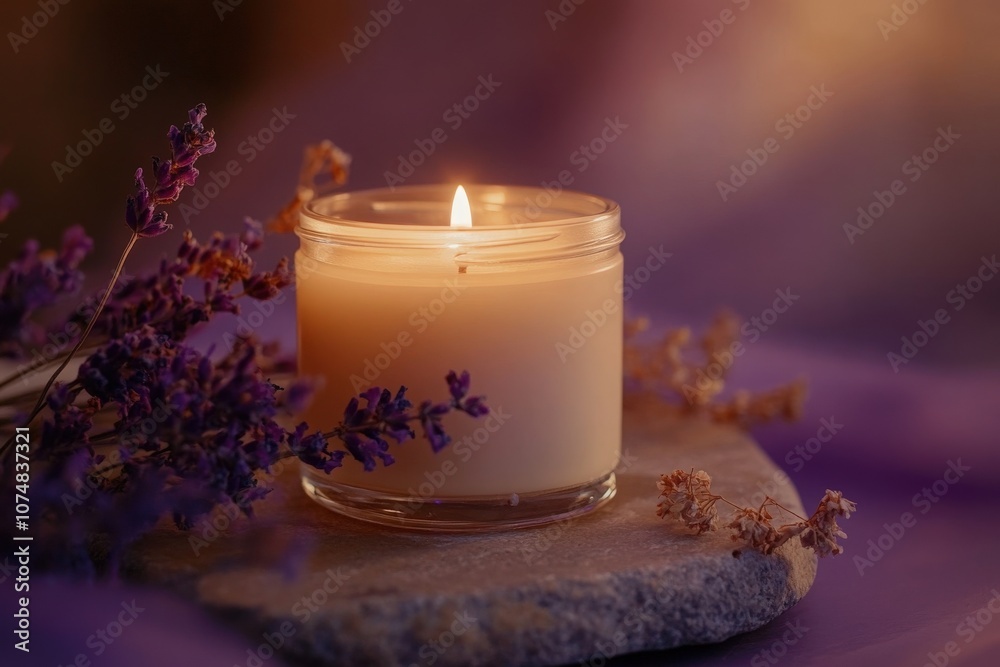 A soy candle is gently glowing inside a clear jar, surrounded by dried lavender and resting on a textured stone. The ambiance suggests a calming evening setting filled with warm light.