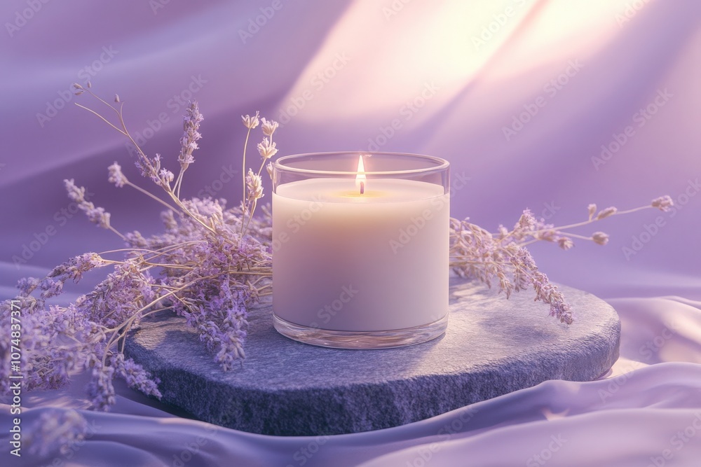 A beautifully crafted soy candle jar sits on a smooth stone, surrounded by soft lavender plants, exuding a serene ambiance perfect for relaxation or a calming decor element.