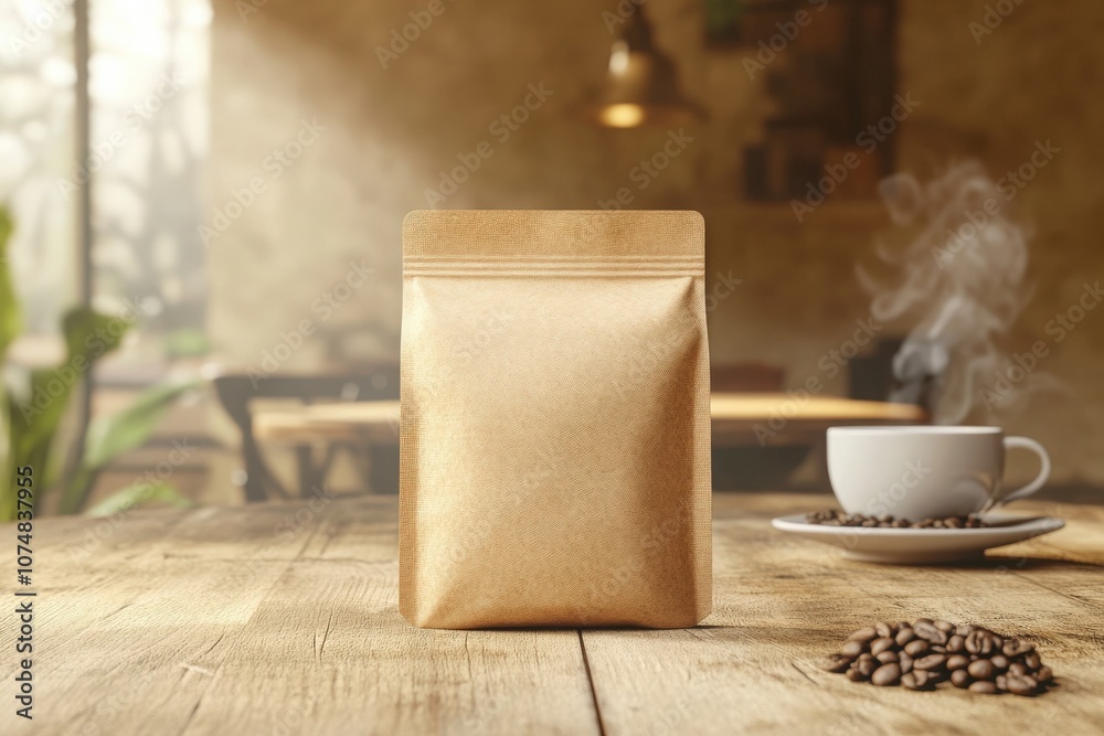A stylish coffee bag is prominently placed on a wooden table, alongside a cup of coffee. Coffee beans are scattered, enhancing the inviting atmosphere of the cozy cafe.