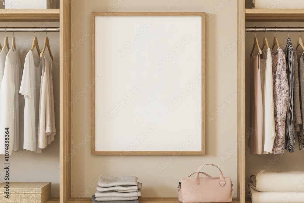 An empty rectangular oak frame is displayed on a wall within a contemporary closet. The surrounding area showcases neatly arranged clothing and accessories, creating an elegant storage space.