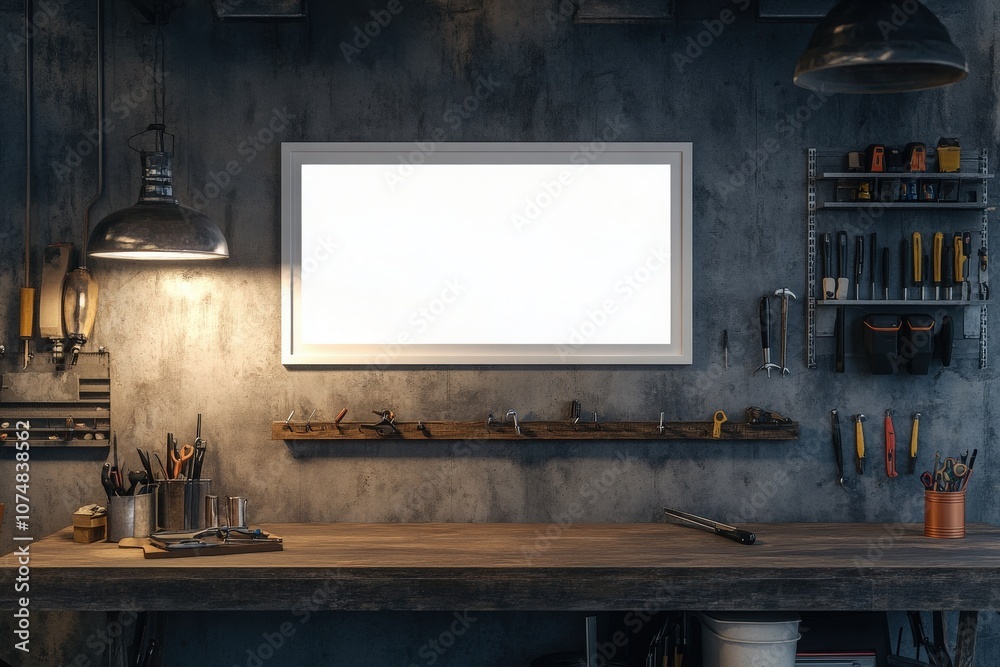 A white rectangular frame is positioned on a textured wall within a rustic workshop.