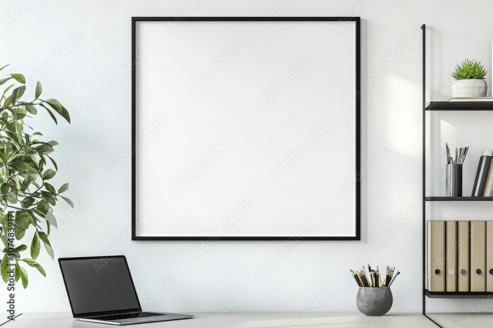 An empty square black frame is mounted on a simple white wall in a stylish workspace. The setup includes a laptop and a plant, creating a minimalistic atmosphere inviting creativity.