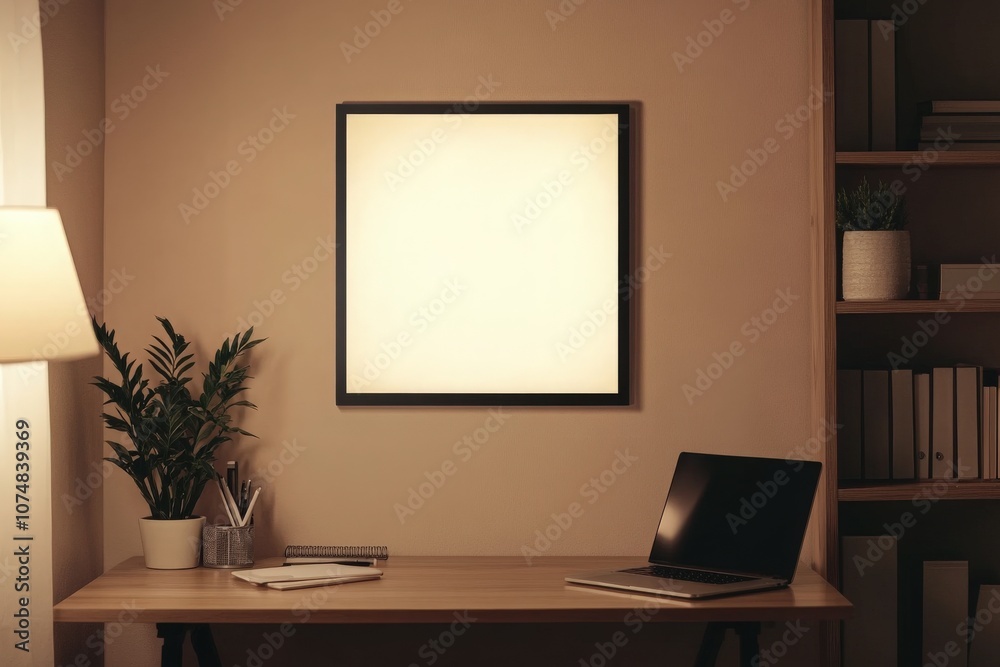 An empty black square frame is mounted on a warm-colored wall in a neat workspace. A laptop, notebook, and a potted plant complete the inviting atmosphere.