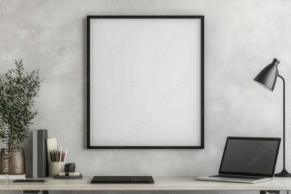 A square black frame mockup is mounted on a textured wall, creating a stylish focal point above a modern desk with a laptop and stationary items, ideal for showcasing art or photographs.