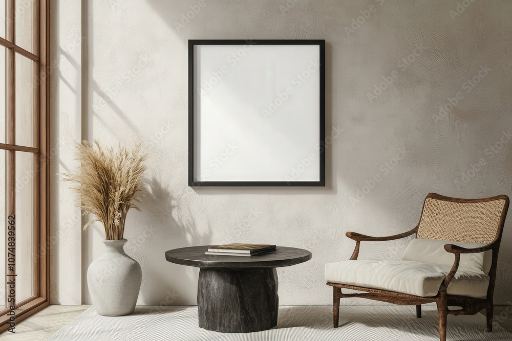 An empty square black frame is prominently displayed on a textured wall, surrounded by a stylish chair and decorative elements like a vase and table, creating a serene atmosphere with natural light.