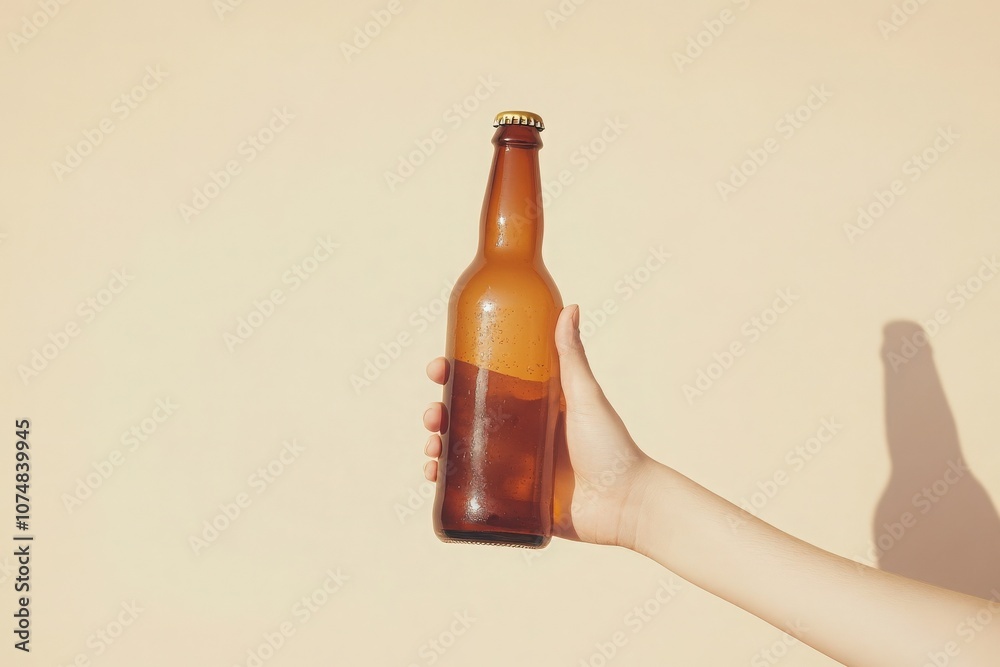 A hand grips a beer bottle mockup with a soft beige backdrop. The smooth surface of the bottle contrasts with the warm hue of the background, creating a calm and inviting atmosphere.