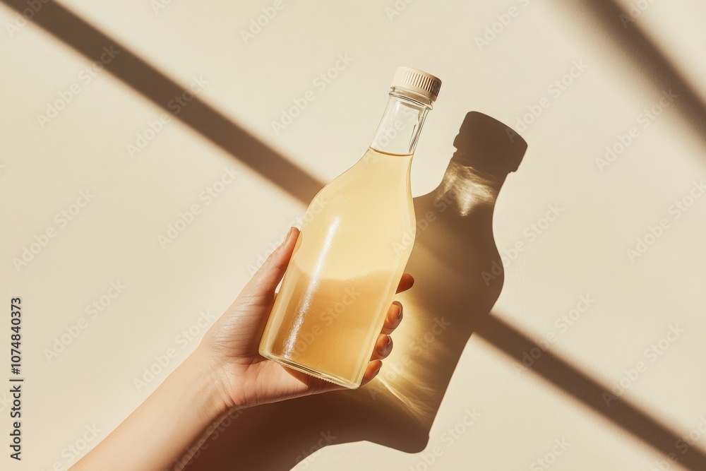 A hand is delicately holding a cider bottle mockup, showcasing a light beverage. The soft beige background enhances the bottles simplicity, while shadows create a tranquil atmosphere.