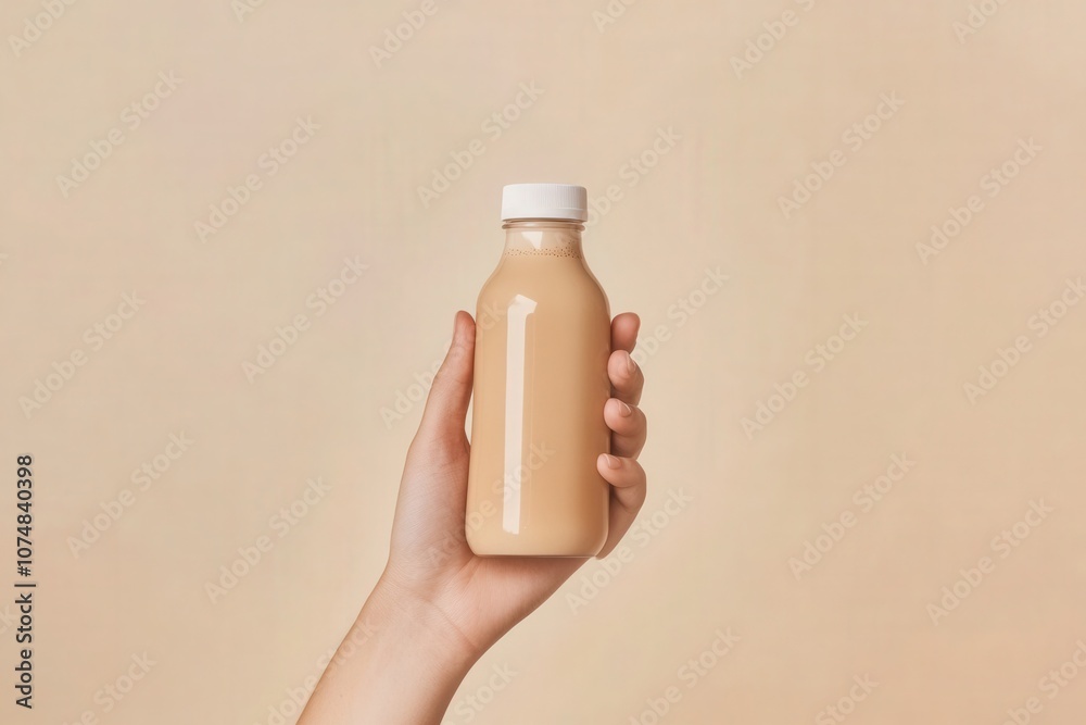 A hand presents a cold brew bottle mockup against a soft beige background, emphasizing the drinks appealing color and sleek design. This setup highlights beverage branding potential.