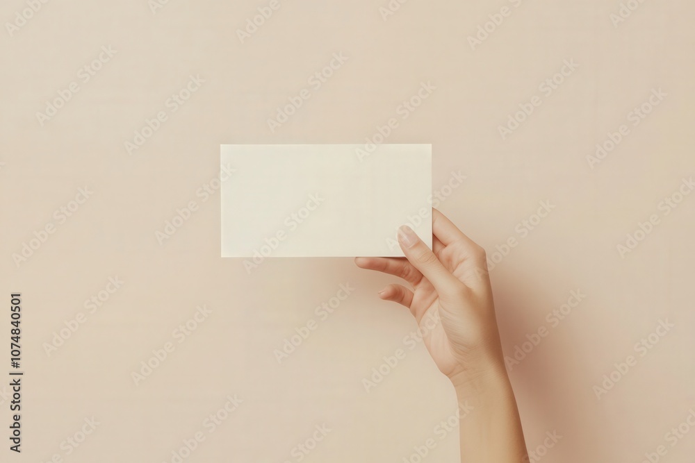A hand presents a soft beige flyer mockup with a minimal design, perfect for showcasing various creative projects or marketing materials on a neutral background.