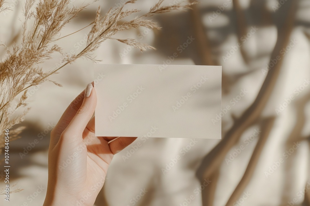 A hand gently holds a soft beige flyer mockup, set against a serene background filled with warm shadows. The scene exudes a calm and inviting atmosphere, ideal for creative projects.