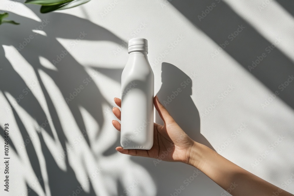 A hand presents a sleek juice bottle mockup against a light gray background, illuminated by soft sunlight that creates gentle shadows, enhancing the minimalist aesthetic of the scene.