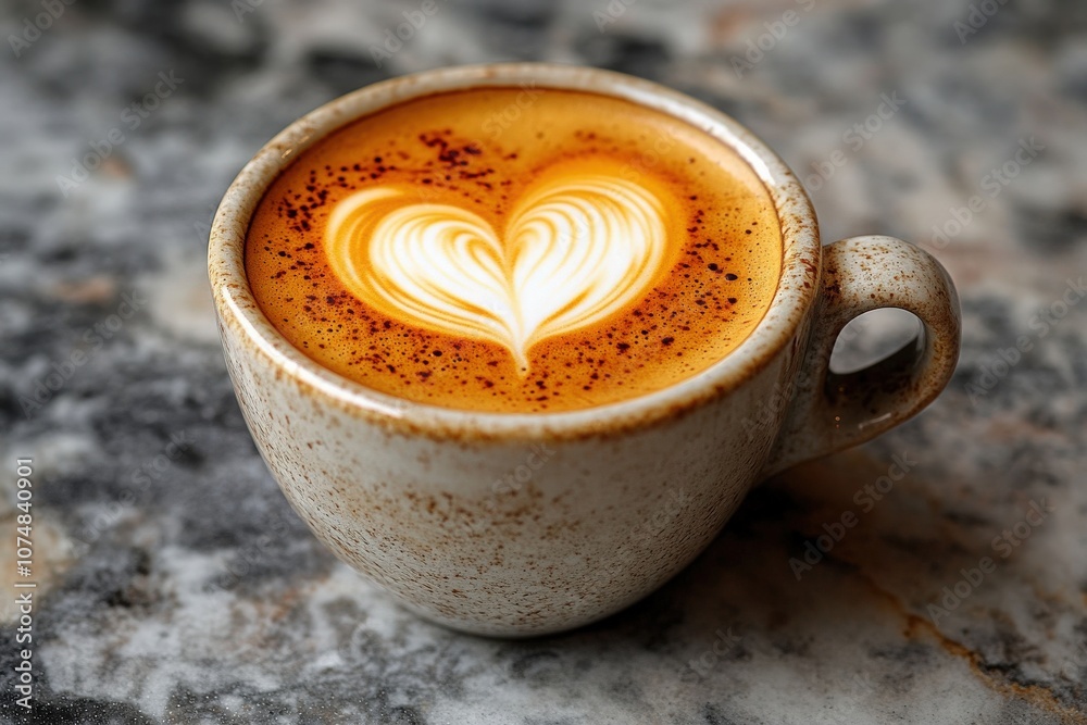 A beautifully crafted heart design in rich, creamy latte rests in a rustic ceramic cup. The warm beverage sits on a uniquely textured stone surface, inviting coffee lovers to enjoy.