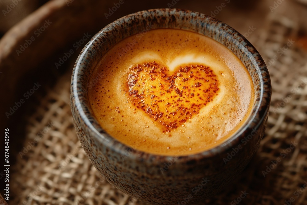 A beautifully crafted heart made of latte art sits atop a creamy coffee drink in a rustic cup. The warm hues and textures evoke a cozy atmosphere perfect for enjoying a relaxing moment.