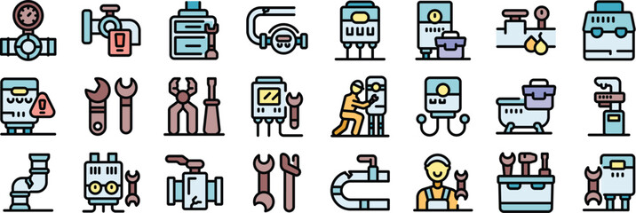Poster - Plumbing service icons depict various aspects of the plumbing profession, including tools, pipes, and plumbers at work