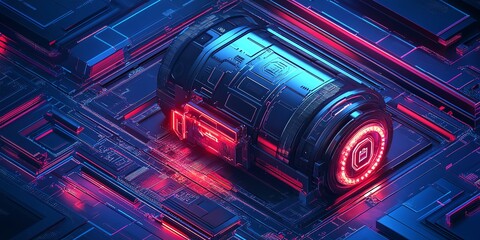 Aufkleber - A futuristic metal container with glowing red lights sits on a digital circuit board.