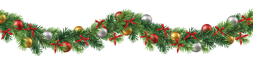 Wall Mural - vector seamless pattern or decorative border with green branches and christmas ornaments and ribbons