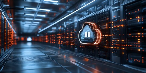 Aufkleber - A glowing cloud icon shines over server racks in a data center.