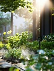 Poster - Lush greenery thrives in a smart garden equipped with automated sprinklers and soil sensors, glowing in soft morning light. Generative AI